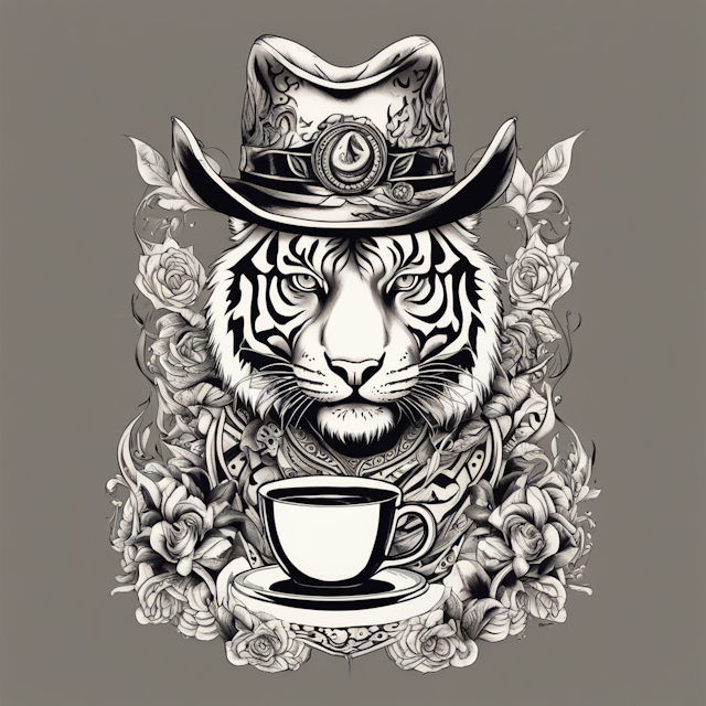 "Tribal Tattoo Style,army tiger wearing cowboy hat drinking coffee"