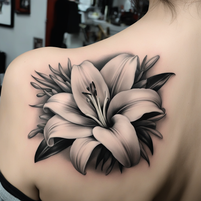 "Black and Grey Tattoo Style,A realistic 3d easter lily with three blooms\n"