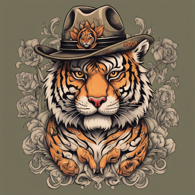 "Neo Traditional Tattoo Style,army tiger wearing cowboy hat"