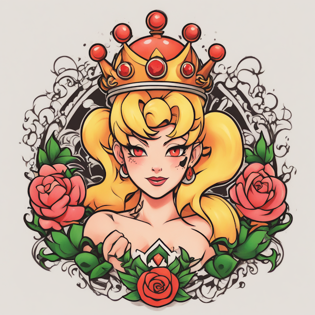 Neo Traditional Tattoo Style,Bdsm symbol of bowser's collar and princess peach's crown