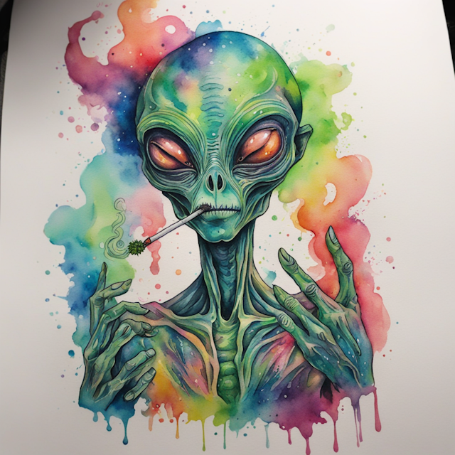 Watercolor Tattoo Style,an alien smoking marijuana

