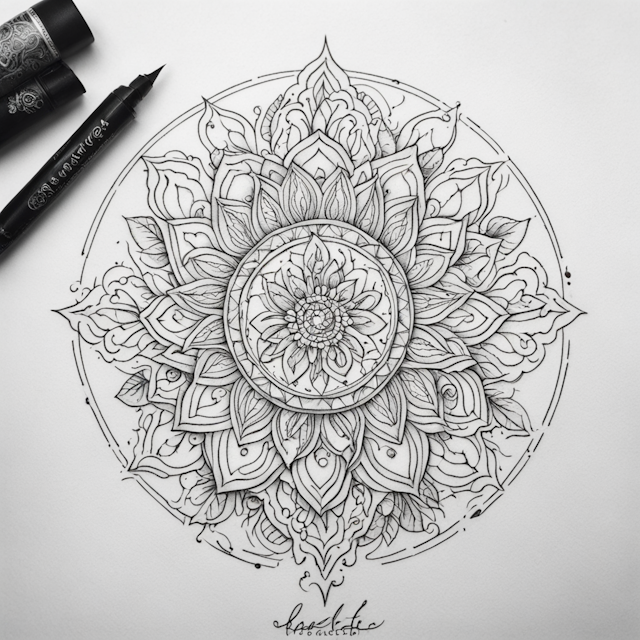 Line Tattoo Style,A Mandala tattoo with an organic, plant-inspired design. The central motif could be a blooming flower with uneven petals, radiating outward in a circular pattern. Surrounding the flower, incorporate elements like vine-like tendrils, leaves, and smaller buds that spiral outwards, creating a sense of natural growth and movement. The lines should be flowing and irregular, mimicking the natural curves of plants. The design should have an earthy, organic feel, using black ink with varied line thicknesses to create a sense of depth and texture.