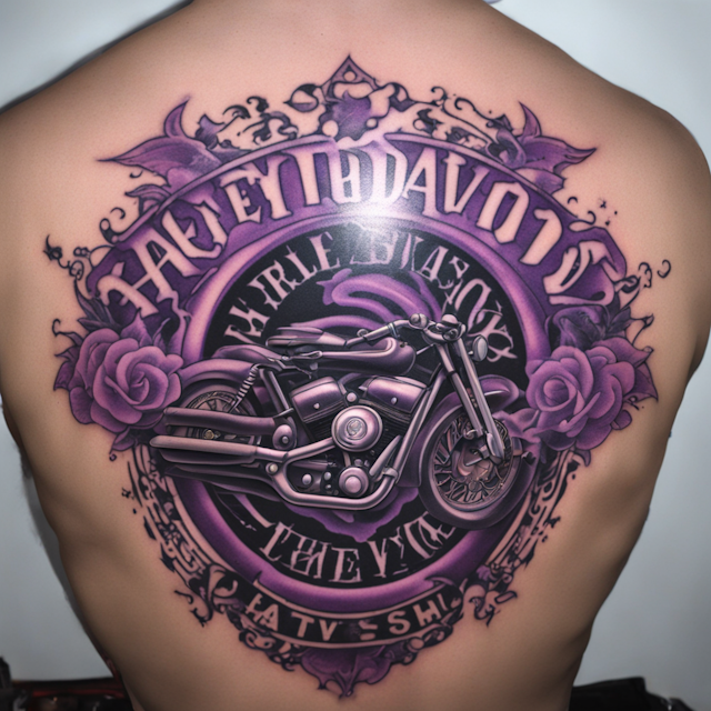 "Old School Tattoo Style,Harley Davidson logo tattoo sleeve with purple lighting bolts "