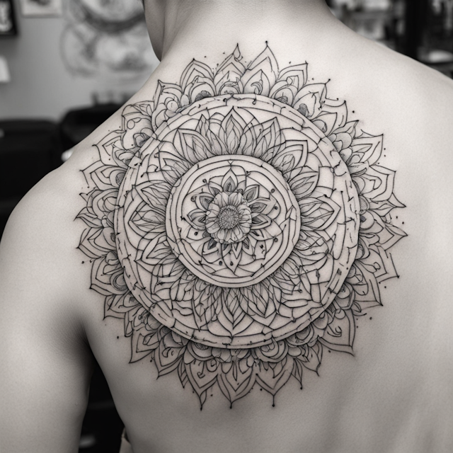 Line Tattoo Style,A loosely structured Mandala tattoo with an organic, free-flowing feel. The design should incorporate irregular, hand-drawn lines and a mix of abstract and geometric shapes. The central focus could be a rough circle or spiral, with patterns radiating outward that include uneven petals, asymmetrical shapes, and fluid curves. The overall look should be more natural and less rigid, with an emphasis on creativity and the imperfect beauty of hand-drawn art. The tattoo should be done in black ink, with varied line thicknesses to add depth and texture.