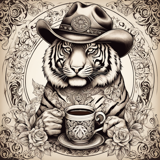 "Ornamental Tattoo Style,army tiger wearing cowboy hat drinking coffee"