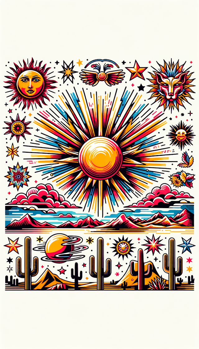 arizona rising sun, vibrant colors, old school cartoon