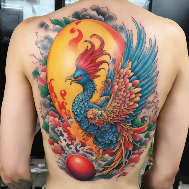 Irezumi Tattoo Style,Irezumi Tattoo Style, 2 stunning phenix flying around a giant colourful egg. In the background, there is many phenix reviving from their ashes