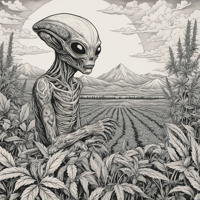 Irezumi Tattoo Style,alien in a marijuana field

