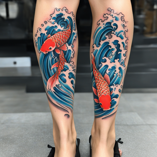 Irezumi Tattoo Style,A koi fish going up a waterfall on calf