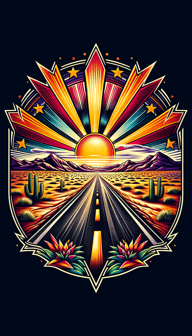 Black pavement desert road, hot pavement, arizona rising sun flag background