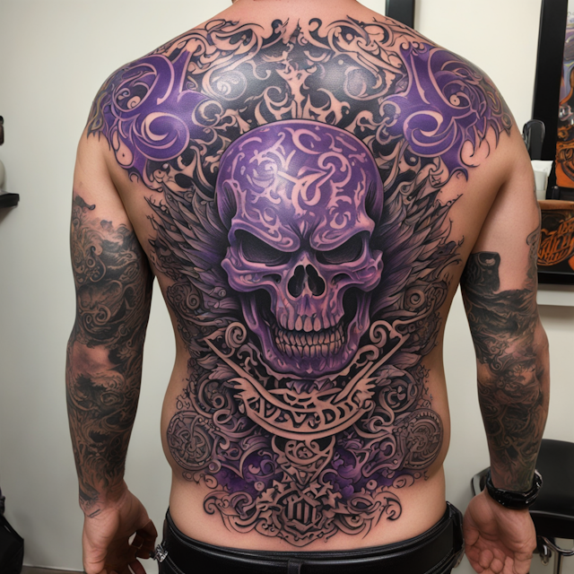 "Ornamental Tattoo Style,Harley Davidson logo tattoo sleeve with purple lighting bolts with everything in Ed Roth style art with Ed Roth characters"