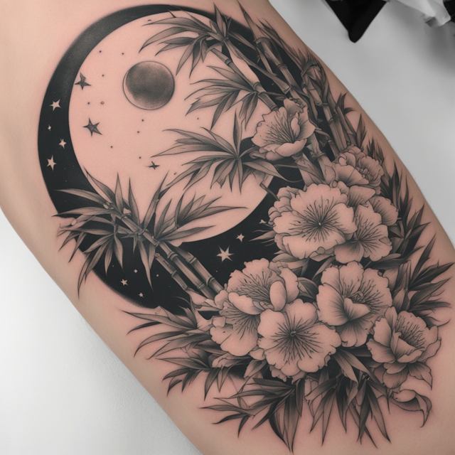 Neo Traditional Tattoo Style,drilling slashes moon through bamboo leaves sleeve