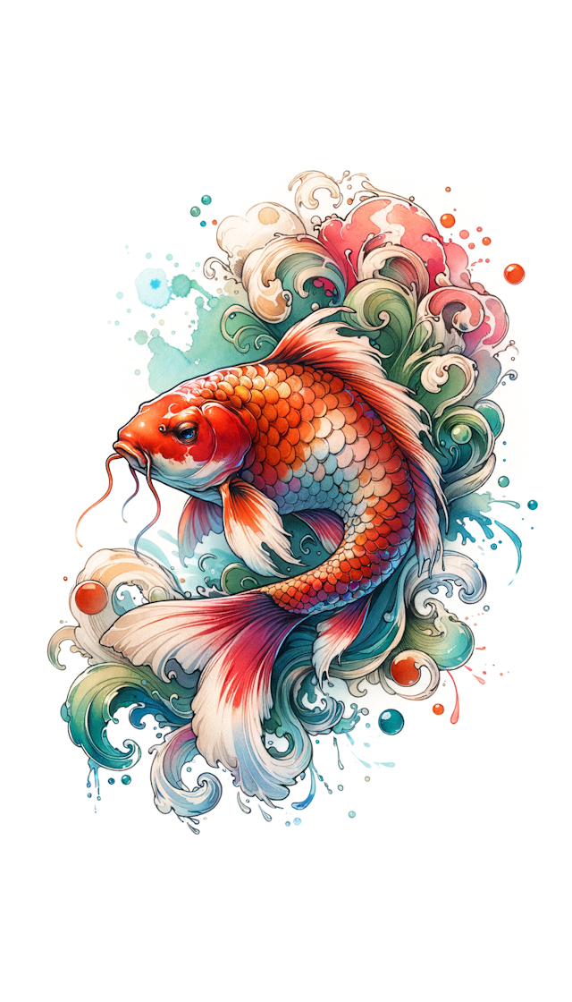 Watercolor Style Tattoo, koi carp design, brush dabbled in watery pastels, white background, clean background