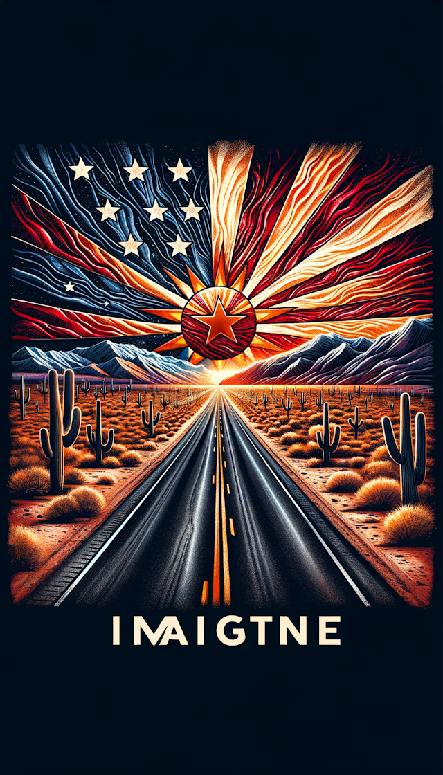 Black pavement desert road, hot pavement, arizona rising sun flag