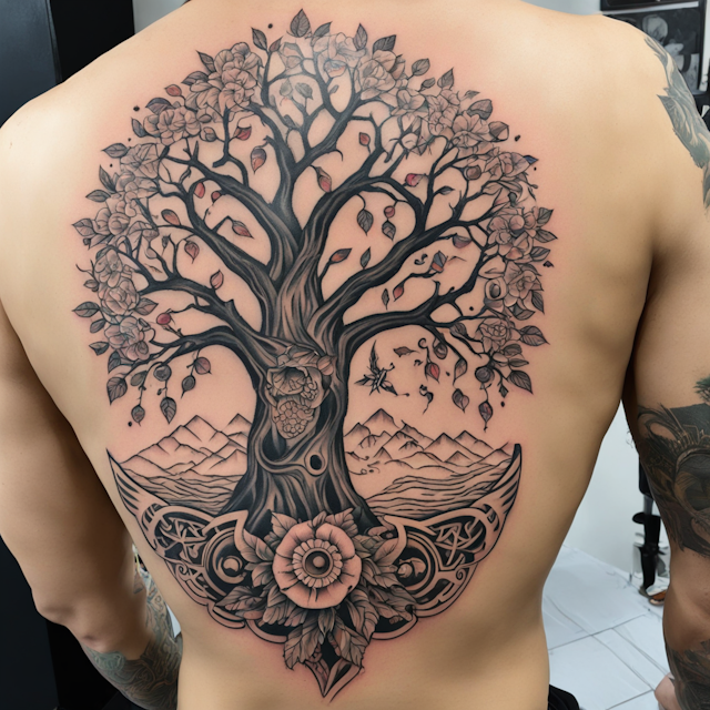 Neo Traditional Tattoo Style,Oklahoma, Native American, United States Navy, Arabic language, Christianity, God fearing, honor, courage, bravery, tree of life, loyalty, music half sleeve