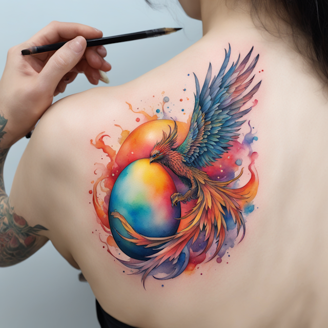 Watercolor Tattoo Style,2 stunning phenix flying around a giant colourful egg. In the background, there is many phenix reviving from their ashes