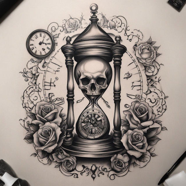 Black and Grey Tattoo Style,Hour glass with skull going through it with a clock and all seeing eye on top of hour glass