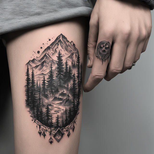 "Black and Grey Tattoo Style,Cyber inspired tattoo of the wilderness "