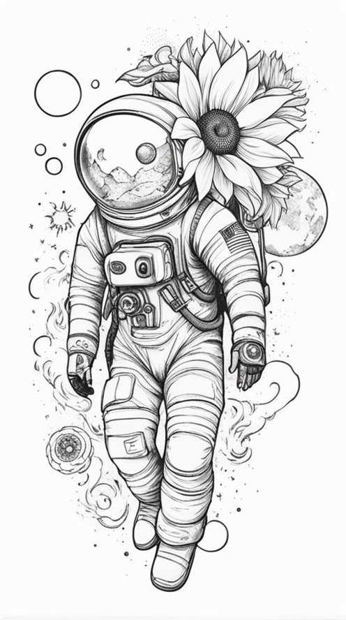 Irezumi Tattoo Style,an astronaut floating in space face to face with a sunflower looking at it  