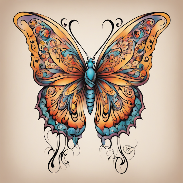 New School Tattoo Style,Design a butterfly tattoo for women that features vibrant colors or more muted tones, depending on the desired effect. The butterfly should have detailed, symmetrical wings with intricate patterns, capturing a sense of elegance and transformation. Choose either bold, bright colors for a lively feel or soft, muted tones for a more subtle and graceful look. Ideal for placement on the shoulder, ankle, or back.