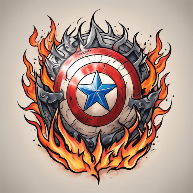 New School Tattoo Style,captain america shield surrounded by flames 