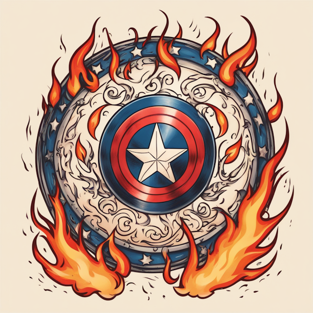 Old School Tattoo Style,captain america shield surrounded by flames 