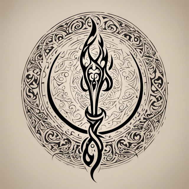 Tribal Tattoo Style,simple, long flaming torch with a pointed tip piercing through the triple moon symbol