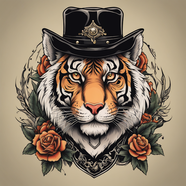 "Neo Traditional Tattoo Style,army tiger wearing black cowboy hat"