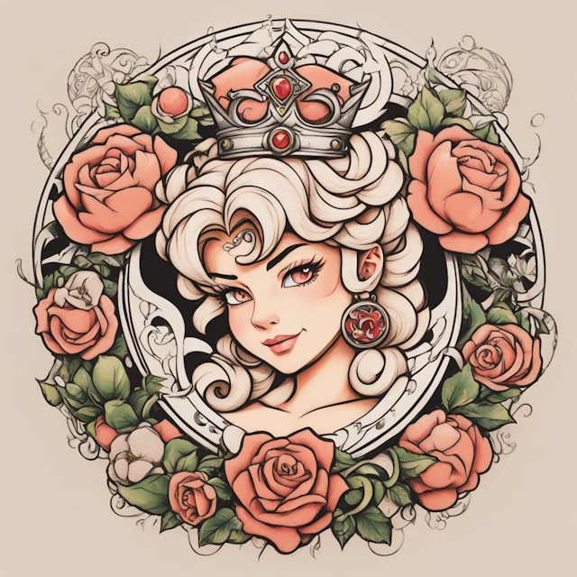 Neo Traditional Tattoo Style,bowser's collar and princess peach's crown intertwined together creating a triskelion 