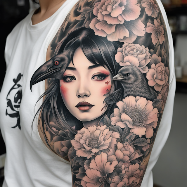 Irezumi Tattoo Style,young and feminine japanese woman face, flowers and crow, full sleeve tattoo