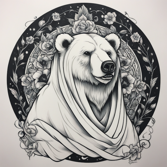 Neo Traditional Tattoo Style,Ghost bear wearing a sheet 