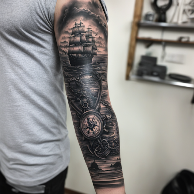 Black and Grey Tattoo Style,Railroad tracks navy anchor, ship, compass full sleeve of right arm
 