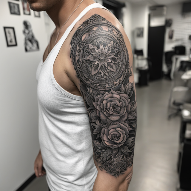 Black and Grey Tattoo Style,Arm patch work 