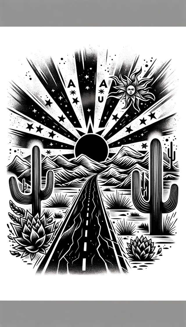 Black pavement desert road, hot pavement, arizona flag rising sun, traditional style, I would like an element of tribal, mainly black and white with splashes of blue and red, I would like the letters, "ASU" subtly included in the design