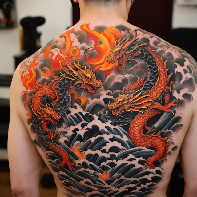 Irezumi Tattoo Style,Irezumi Tattoo Style, 2 golden dragons going up a lava fire waterfall halfsleeve"