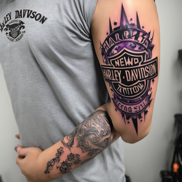 "New School Tattoo Style,Harley Davidson logo tattoo sleeve with purple lighting bolts "