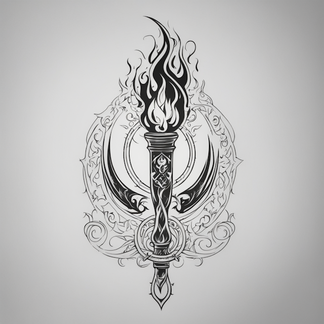 Black and Grey Tattoo Style,long flaming torch with a pointed tip piercing through triple moon symbol, minimal