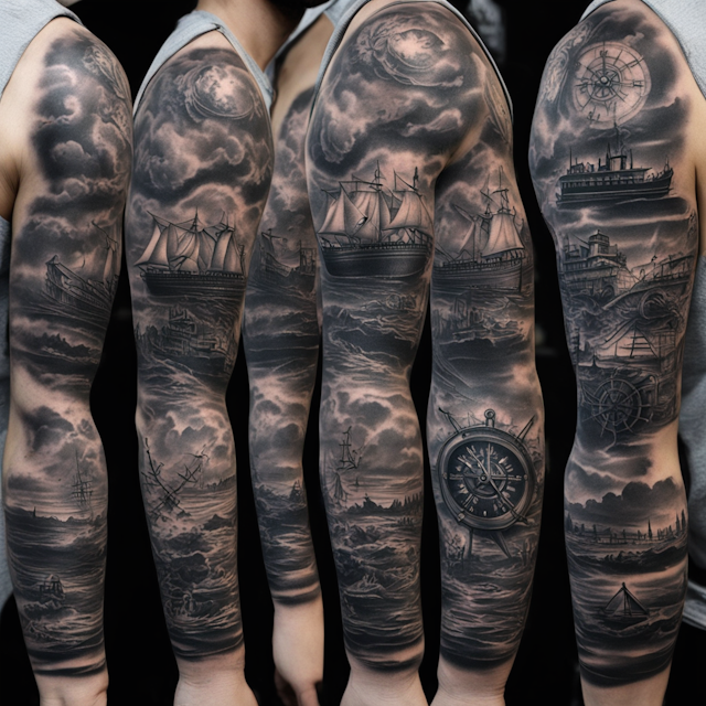 Black and Grey Tattoo Style,Railroad tracks, navy anchor, ship, compass full sleeve and 