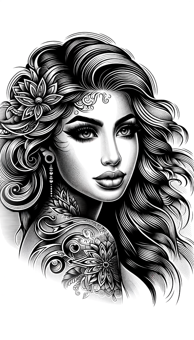 Portrait of Beautiful woman, black and grey tattoo style, amazing detail, white background, clean background