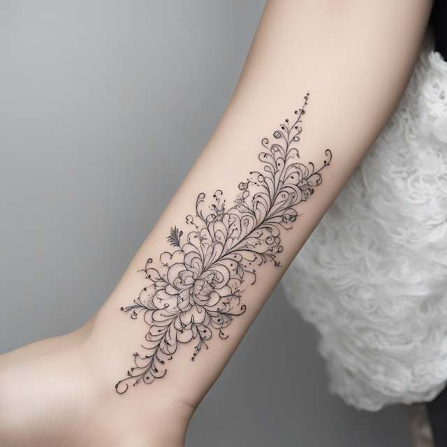 Stick and Poke Tattoo Style,Create a feminine tattoo featuring delicate lace and filigree patterns, with intricate swirls and loops that mimic fine fabric. The design should have a vintage elegance, using subtle shading for a three-dimensional effect, perfect for placement on the collarbone.