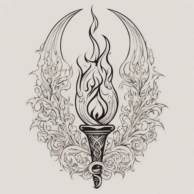 Irezumi Tattoo Style,simple, long flaming torch with a pointed tip piercing through the triple moon symbol