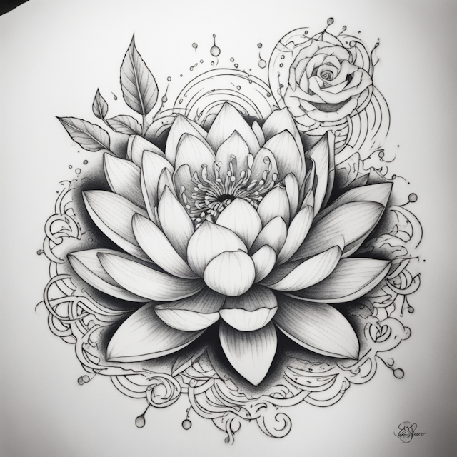 Neo Traditional Tattoo Style,Water lily, Rose, fine line, black, space