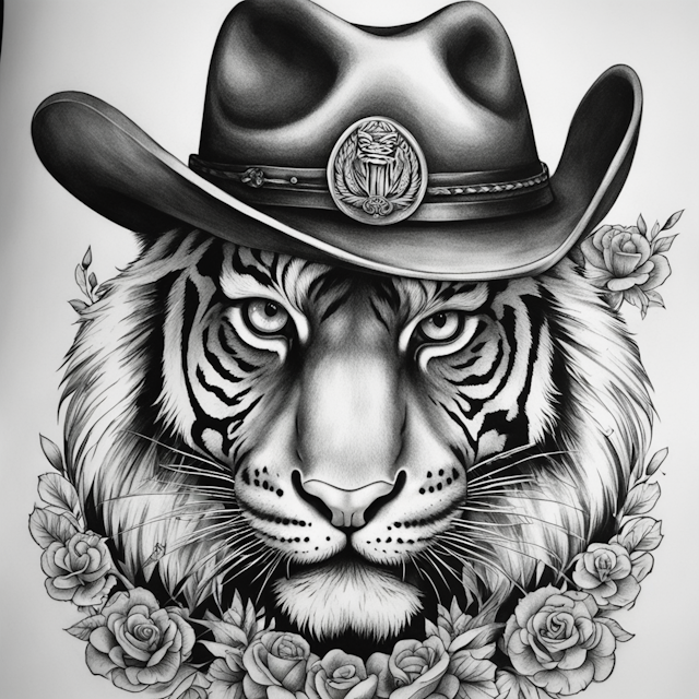 "Black and Grey Tattoo Style,army tiger wearing black cowboy hat"