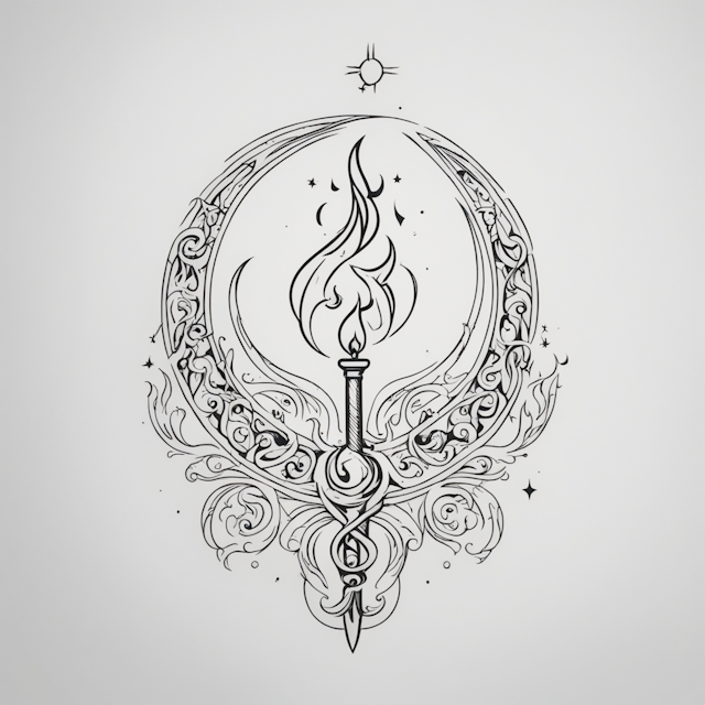 Line Tattoo Style,simple, long flaming torch with a pointed tip piercing through the triple moon symbol, minimal