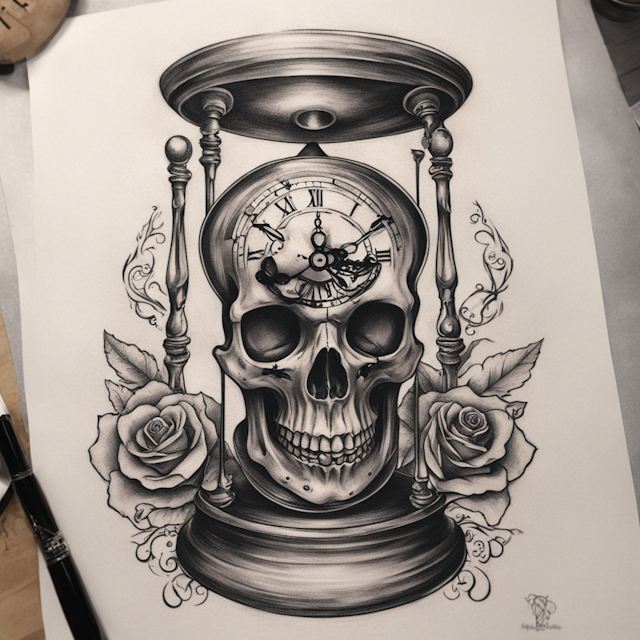 Black and Grey Tattoo Style,Hour glass with skull going through it with a clock and all seeing eye on top of hour glass