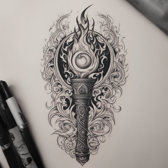 Black and Grey Tattoo Style,long flaming torch with pointed tip through triple moon symbol