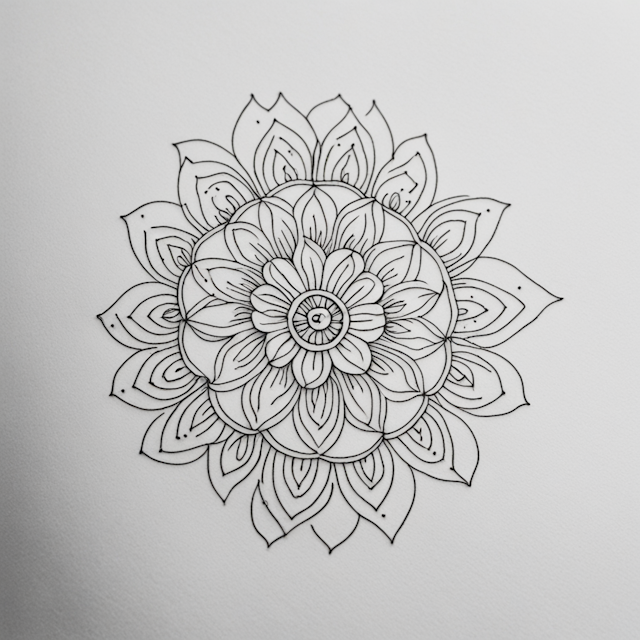 Stick and Poke Tattoo Style,A minimalistic Mandala tattoo with a central flower, featuring basic, organic shapes. The design should include a few simple petals and small leaves extending outward in a circular pattern. The lines should be soft and flowing, with a natural, hand-drawn feel. Keep the design clean and uncluttered, using only black ink and focusing on the simplicity of the plant-inspired elements.