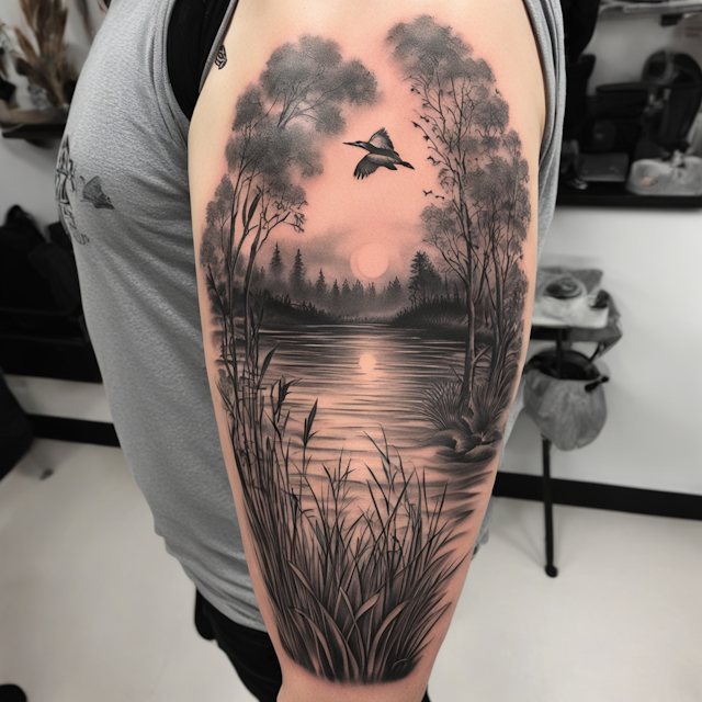 Black and Grey Tattoo Style,A nature sleeve with loon, rivers, cattails, Lilly pads, sunset, lake, willow tree 