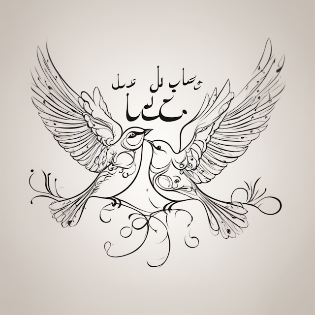 Line Tattoo Style,Text in urdu ‘نادان پرندے’ in minimilist line design with birds in an outline form cojoined with the text. And it will be very small in size