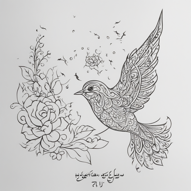 Line Tattoo Style,Text in urdu ‘نادان پرندے’ in minimilist line design with birds in an outline form cojoined with the text. And it will be very small in size